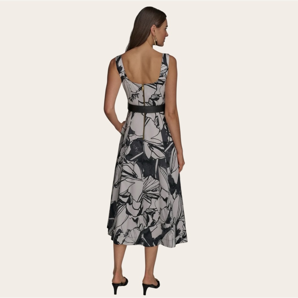 Donna Karan Floral Square Neck Belted Sateen Cotton Midi Dress Black/Pristine - Picture 2 of 16